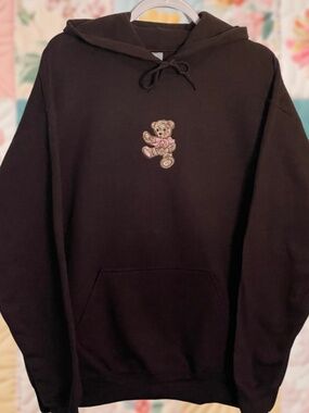 Embroidered Teddy Bear Pink Bow Brown Hoodie